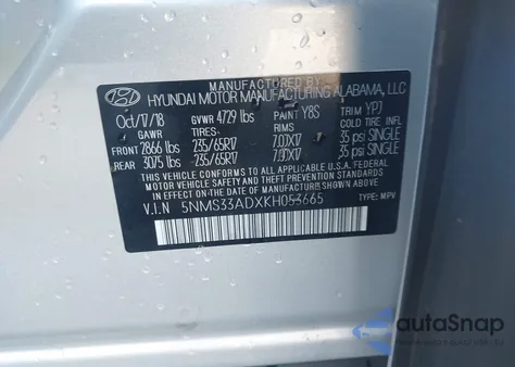 2019 Hyundai Santa Fe Sel z USA, uszkodzony, nr VIN 5NMS33ADXKH053665